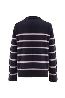 Cashmere V Neck Polo Collar Sweater | Navy/ Lavender