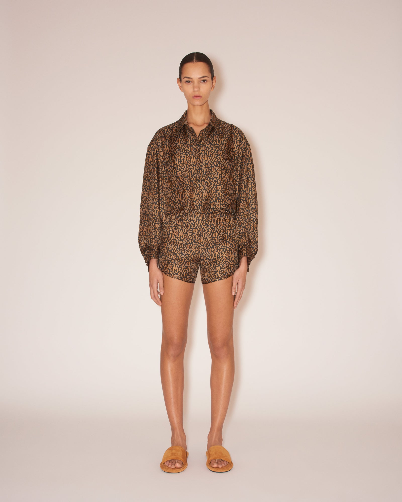 Womens | Mary Twill Silk Athletic Shorts | Brown Ocelot