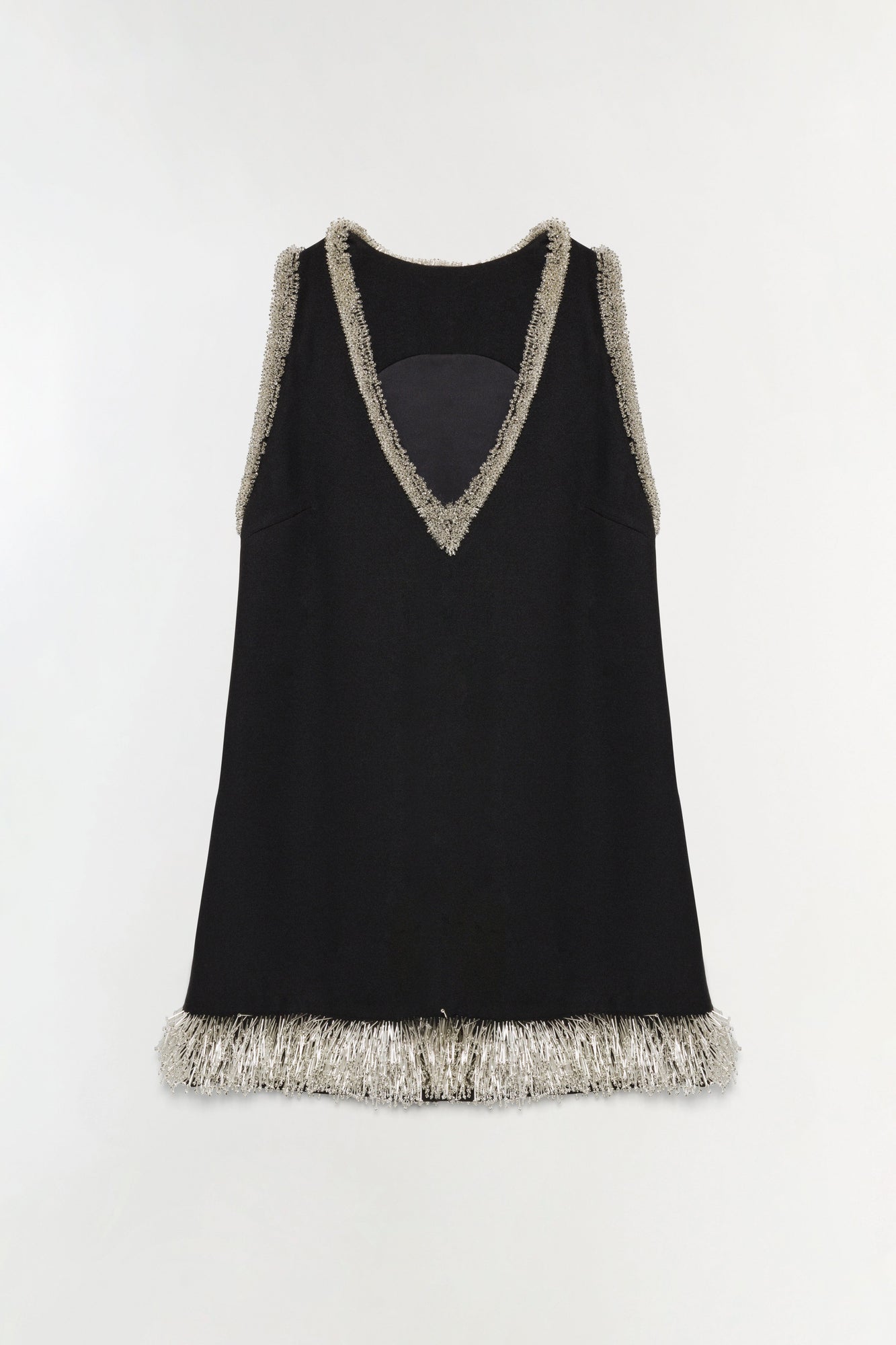 Black sleeveless mini dress with silver beaded trim along the neckline, straps, and hem.