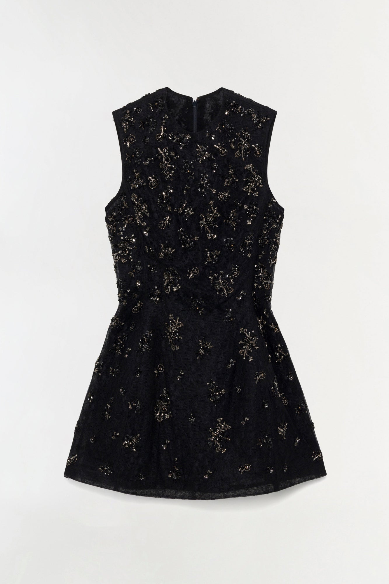 Black lace mini dress with gold beaded embellishments throughout, sleeveless design, and fitted silhouette.