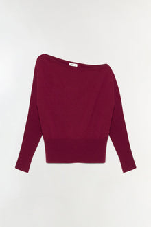 Burgundy off-shoulder sweater with long sleeves and ribbed hem displayed on neutral background.