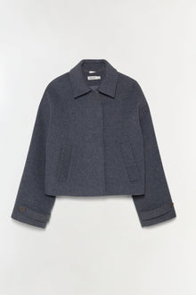 Charcoal wool jacket with collar, front button closure, patch pockets, and cuffed sleeves.
