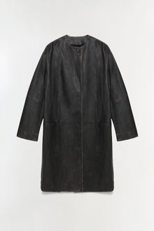 Black leather jacket with full-length cut, round neckline, long sleeves, and single button front closure.