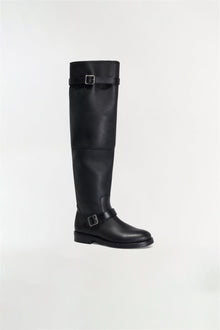 Black leather over-the-knee boot with buckle straps at calf and ankle.