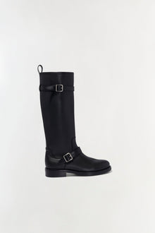 Black leather knee-high boot with buckle straps and pull loop, shown in profile view.
