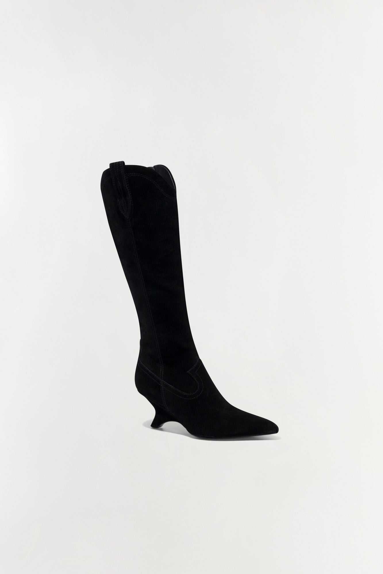 Black suede knee-high boot with a pointed toe and curved heel, shown in profile against a neutral background.