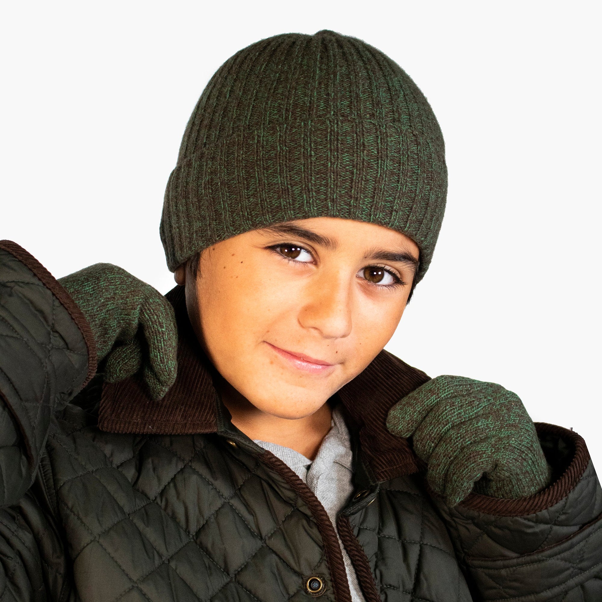 Kids Cashmere Tweeded Beanie Hat | Brown/Sage