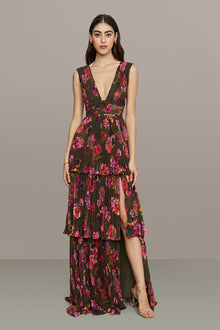 Amur | Fluer Deep V Pleated Gown | Earthy Garden