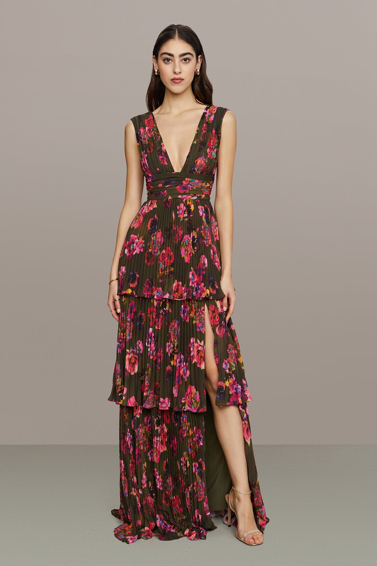 Amur | Fluer Deep V Pleated Gown | Earthy Garden