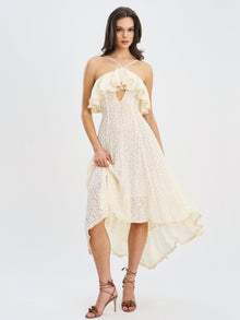 Idra Lace Trim Sleeveless Crochet Midi Trailing Dress | Beige