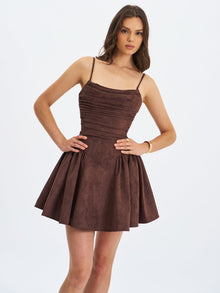 Raisa Vegan Suede Ruched Mini Dress | Mahogany