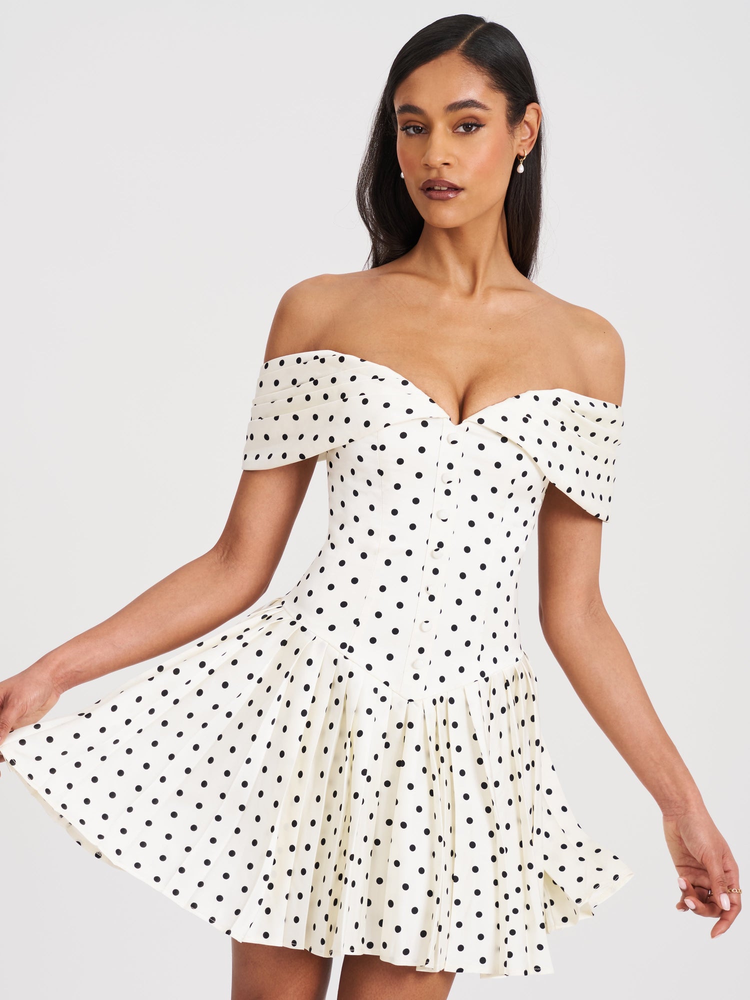 Edeline Polka Dot Off-shoulder Pleated Mini Dress | Black and White Polka Dot