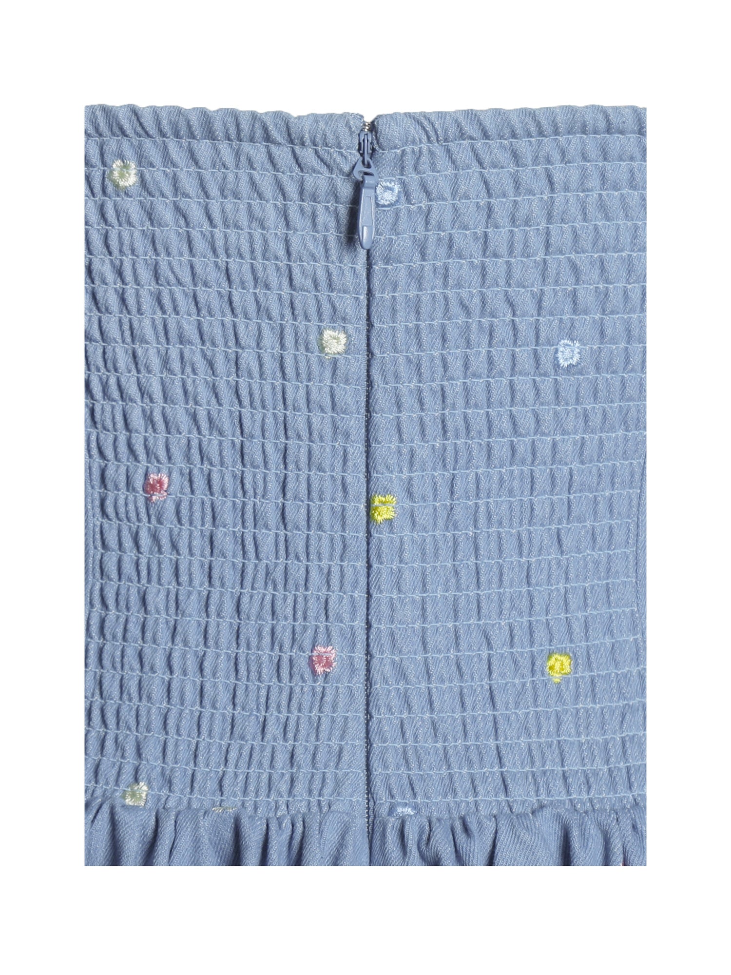 Zadie Cotton Denim Drop Waist Embroidery Flower Midi Dress | Blue