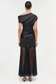 Black off-shoulder midi dress with ruched bodice and pleated sheer skirt with side slit.