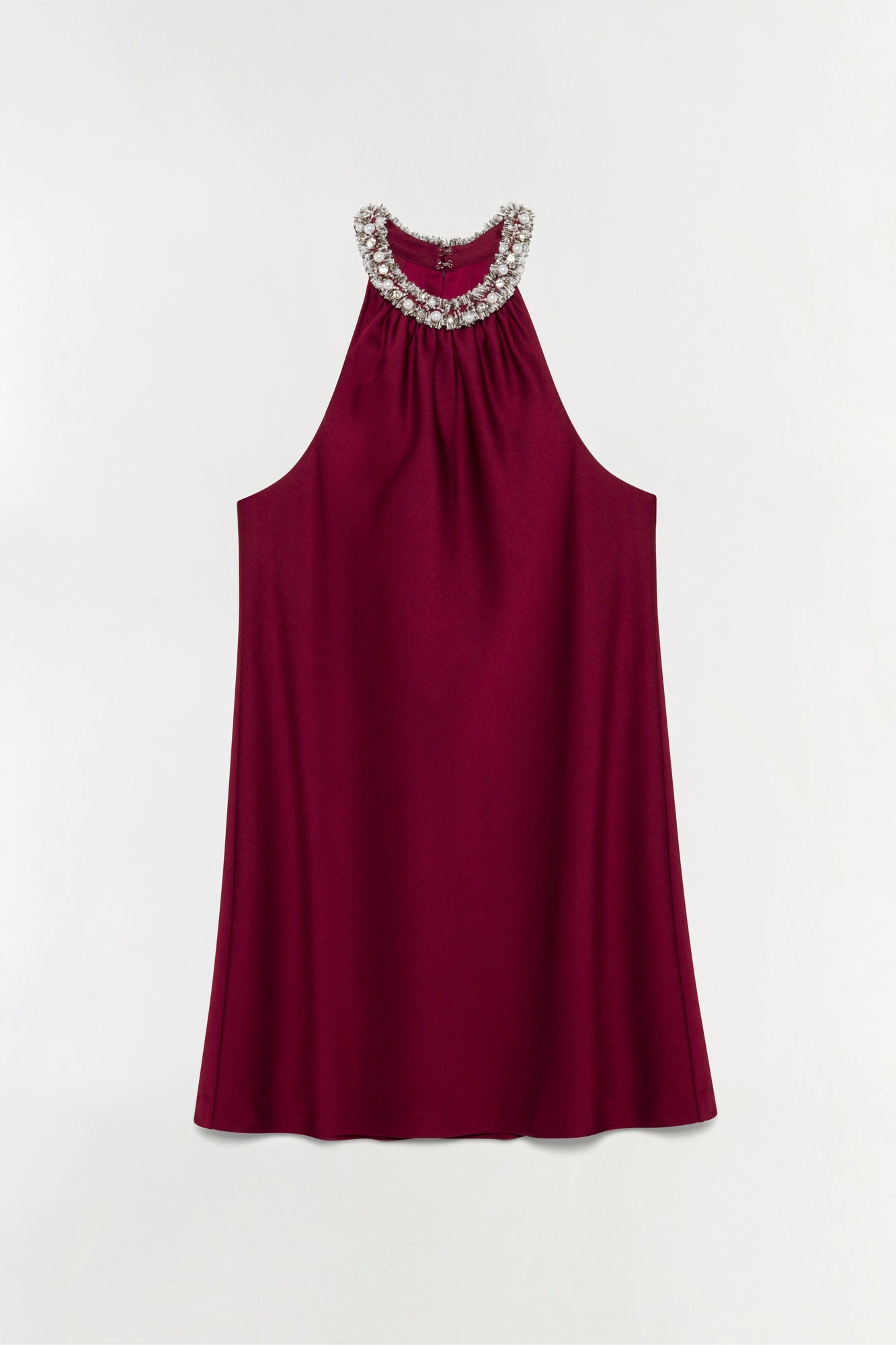Burgundy sleeveless satin mini dress with jeweled neckline and flowing A-line silhouette.