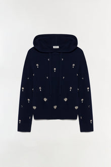 Navy cashmere hoodie with scattered crystal embellishments throughout and drawstring hood.