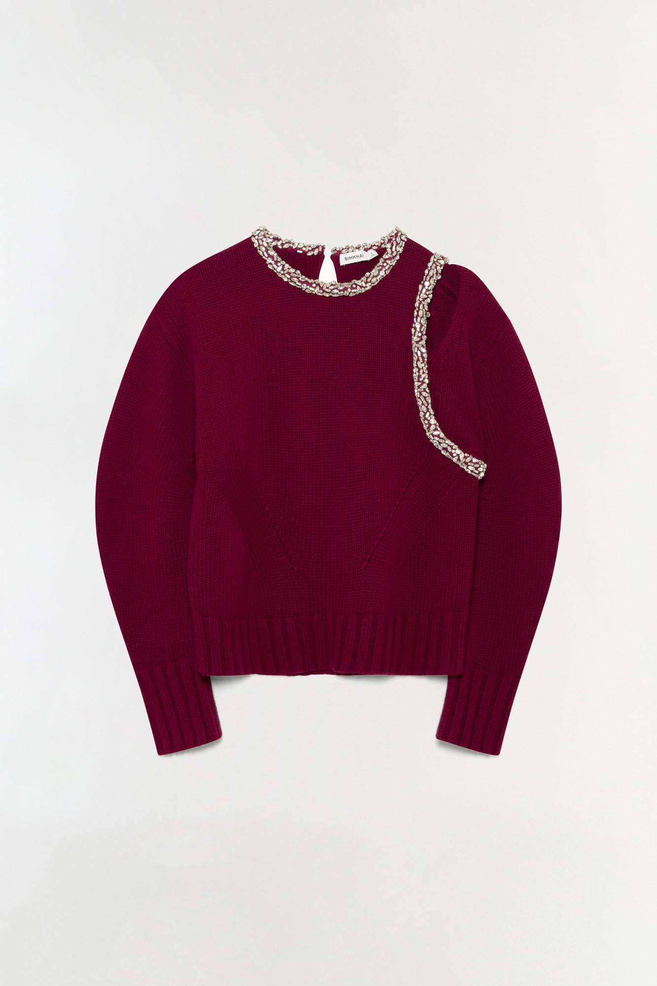 Burgundy ribbed pullover with crystal beading around the neckline and down the front.