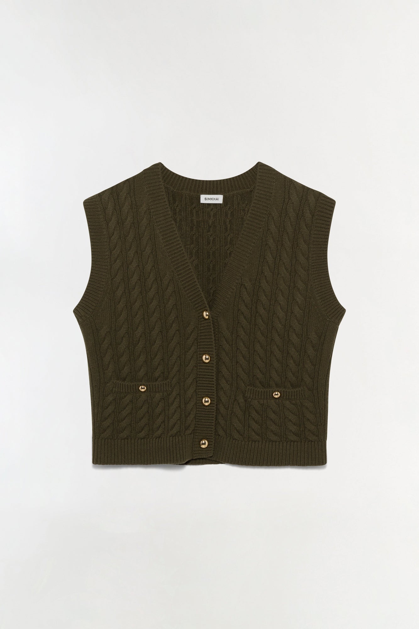 Olive-green cashmere vest with cable knit pattern and gold button front closure.