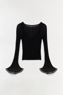 Black metallic plisse top with long flared sleeves and striped cuff details.