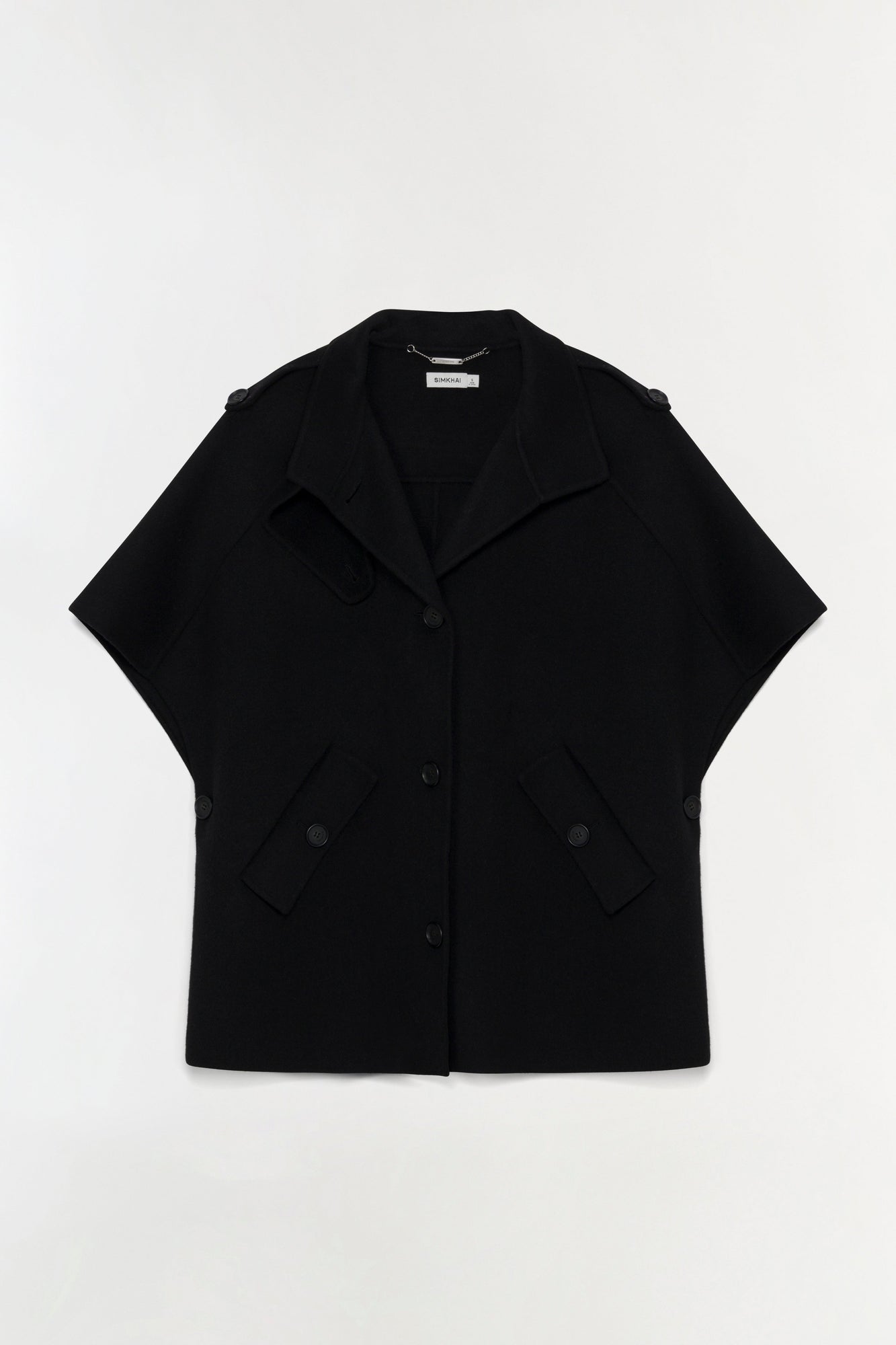 Black wool cape jacket with notched collar, short sleeves, front button closure, and patch pockets.