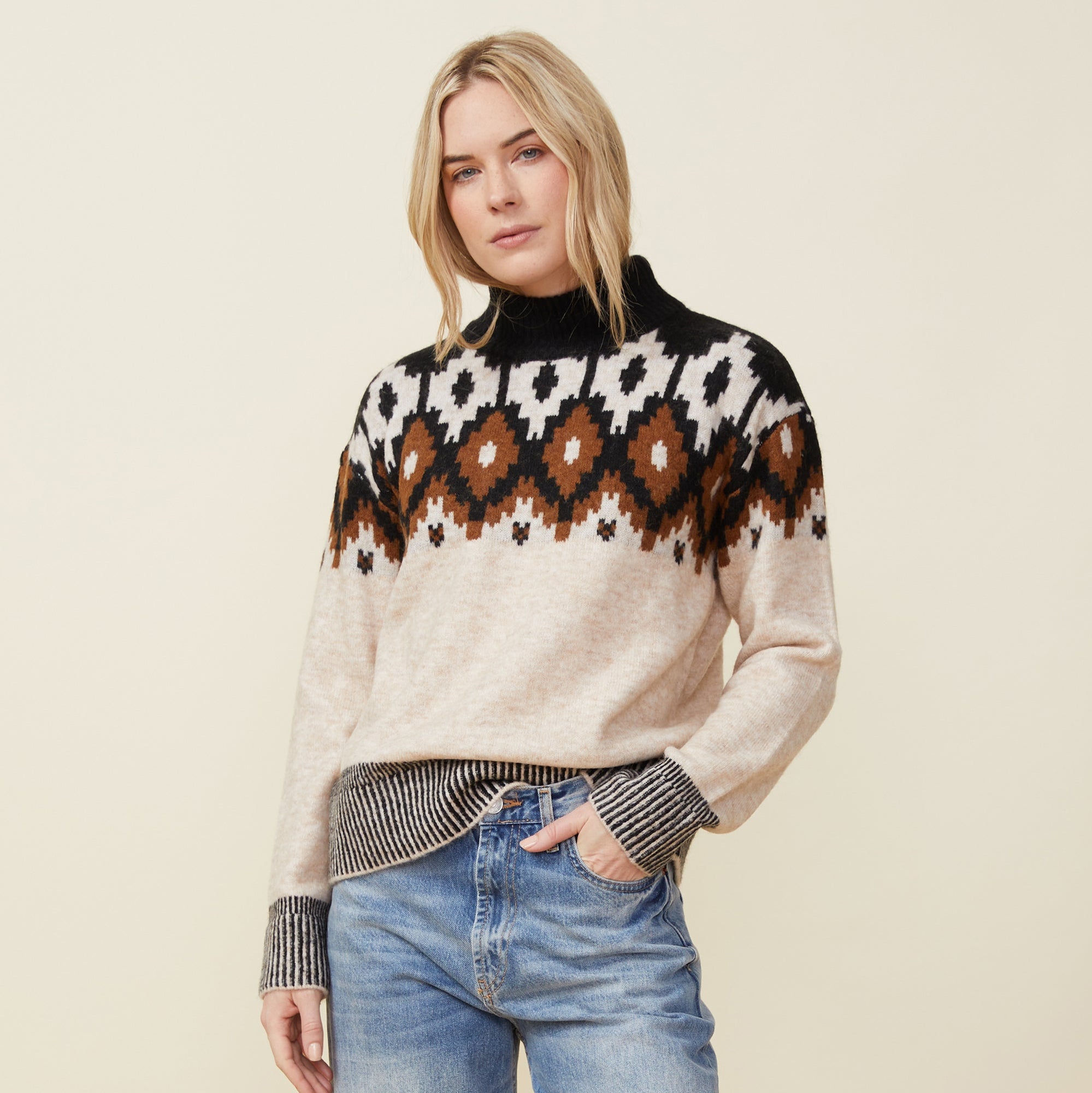 Mock Neck Fair Isle Sweater | Women | Off White