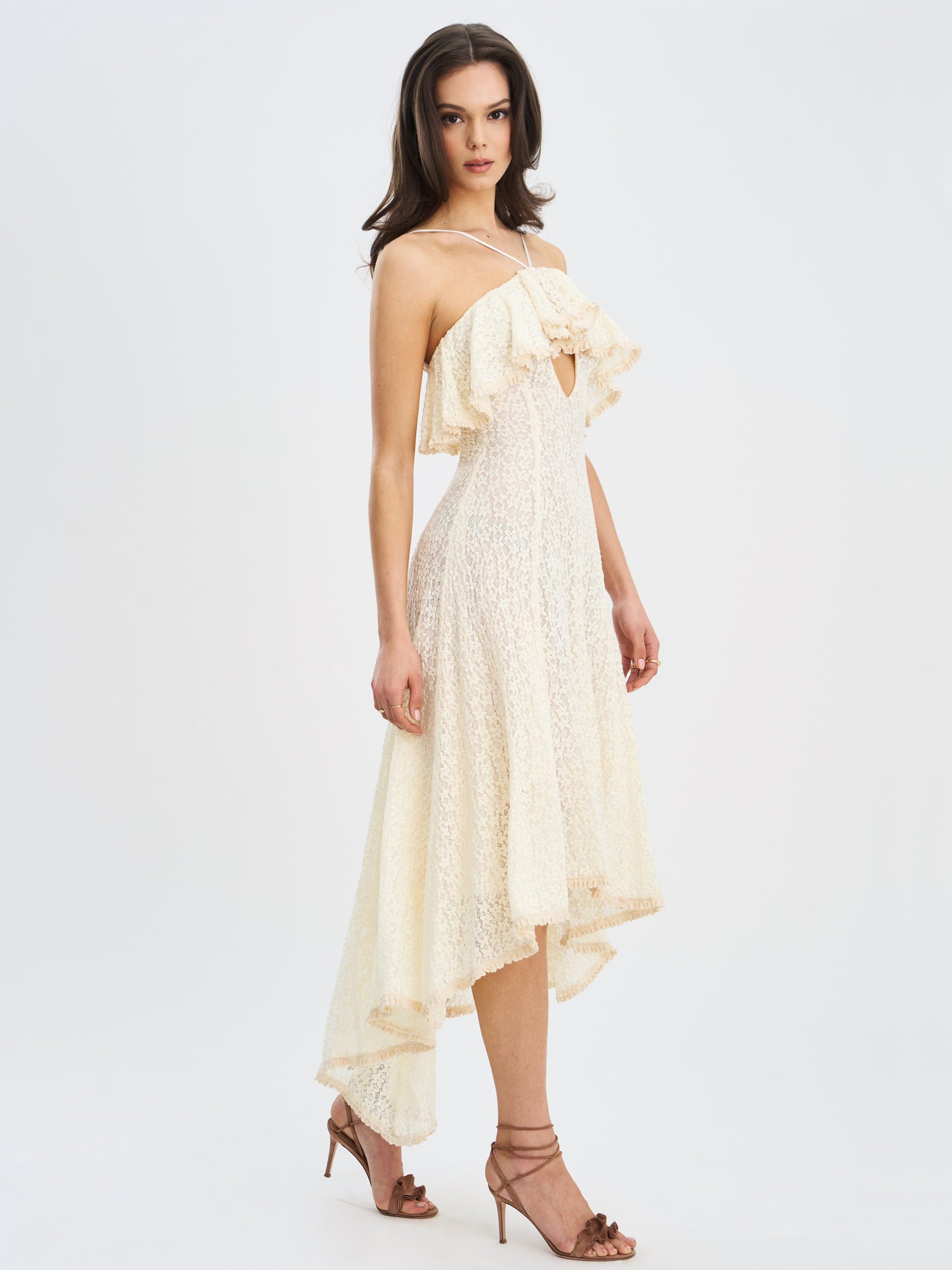 Idra Lace Trim Sleeveless Crochet Midi Trailing Dress | Beige