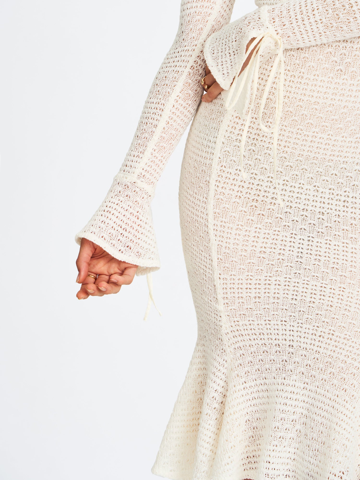 Pamina Crochet Long Sleeve Midi Flare Mermaid Dress | Beige