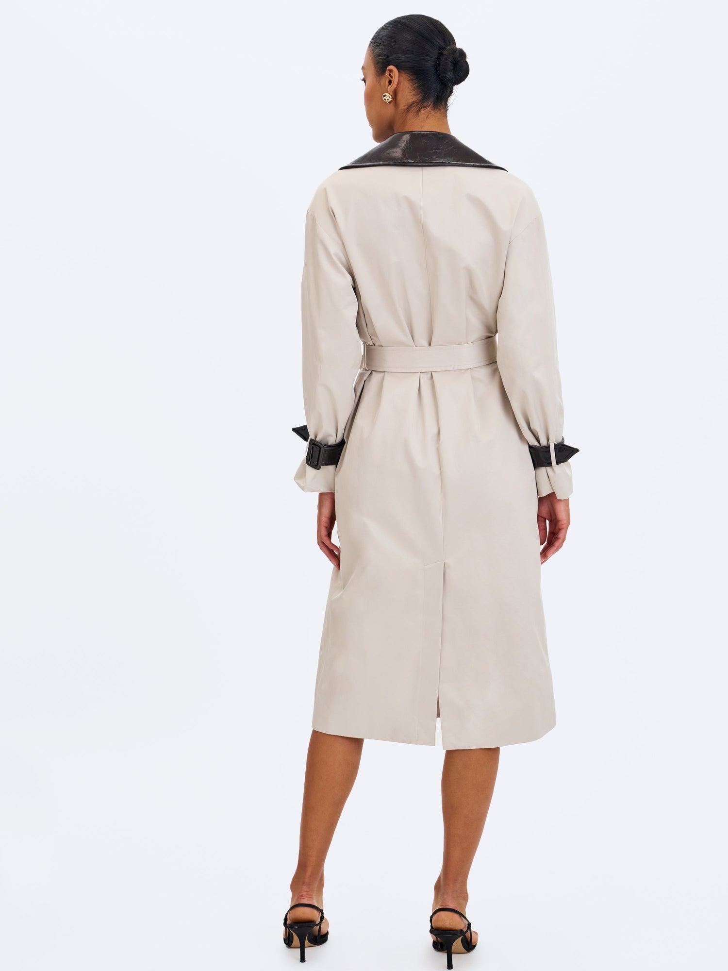 Umber Double-Breasted Faux Leather Lapel Trench Coat | Oyster