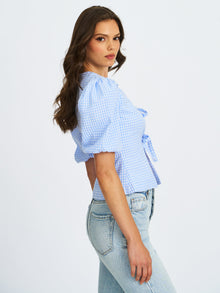 Qusayla Cotton Bubble Sleeve Bowtie Top | Baby Blue Gingham