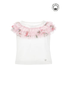 Girls | Organic Cotton T-Shirt With Tulle | Cream/FairyTale