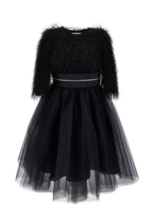 Girls | Silk-Touch Tulle Dress With Fringing | Black