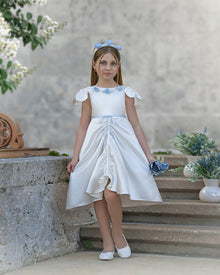 Daphne White Satin Dress with Blue Embroidery | Blue