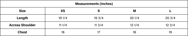 Product size guide