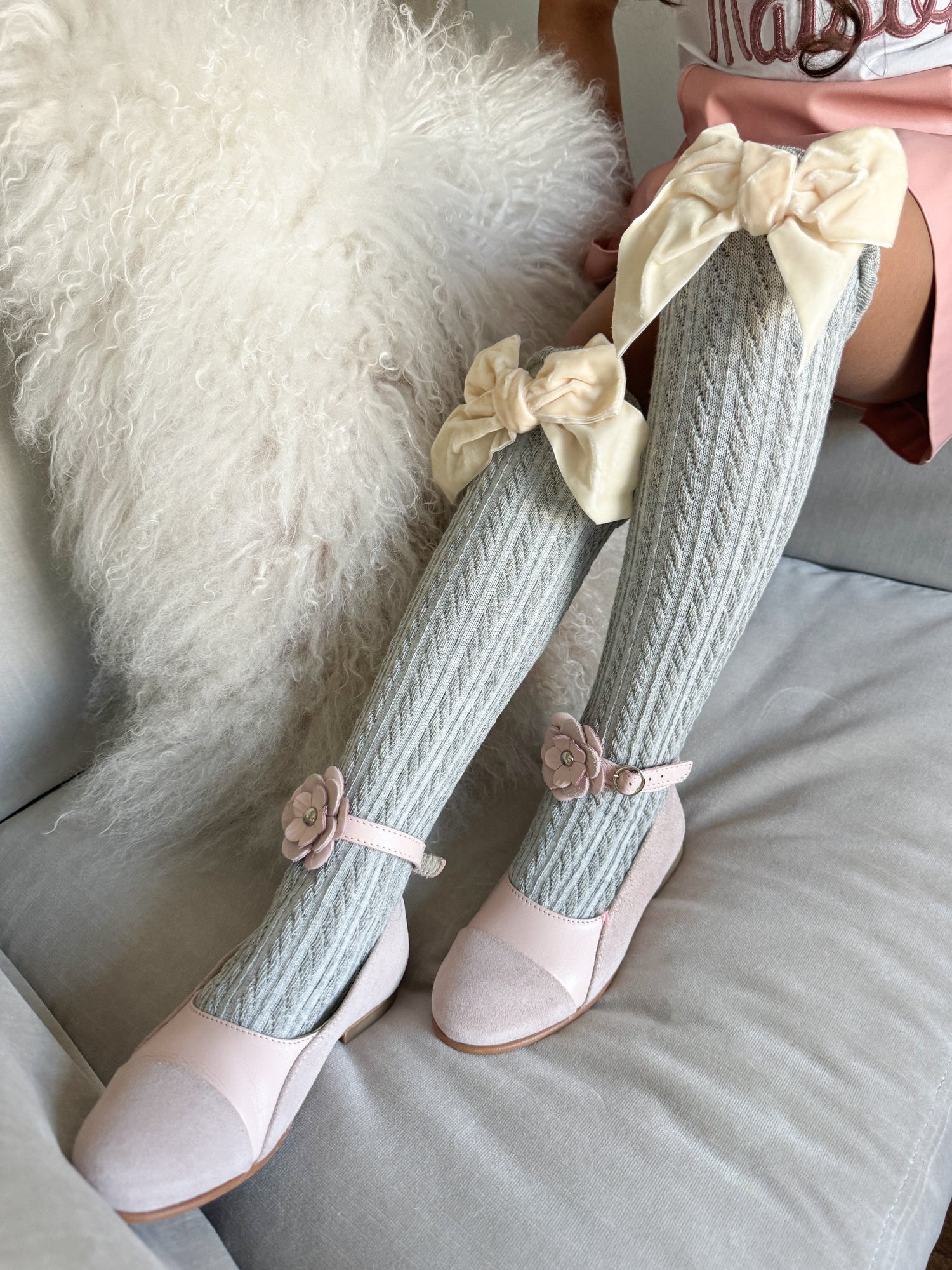 Grey Knee High Socks with Ivory Gold Velvet Bow | Grey