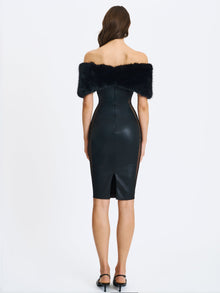 Bellis Fur Trim Mesh Panel Off-Shoulder Midi Dress | Black