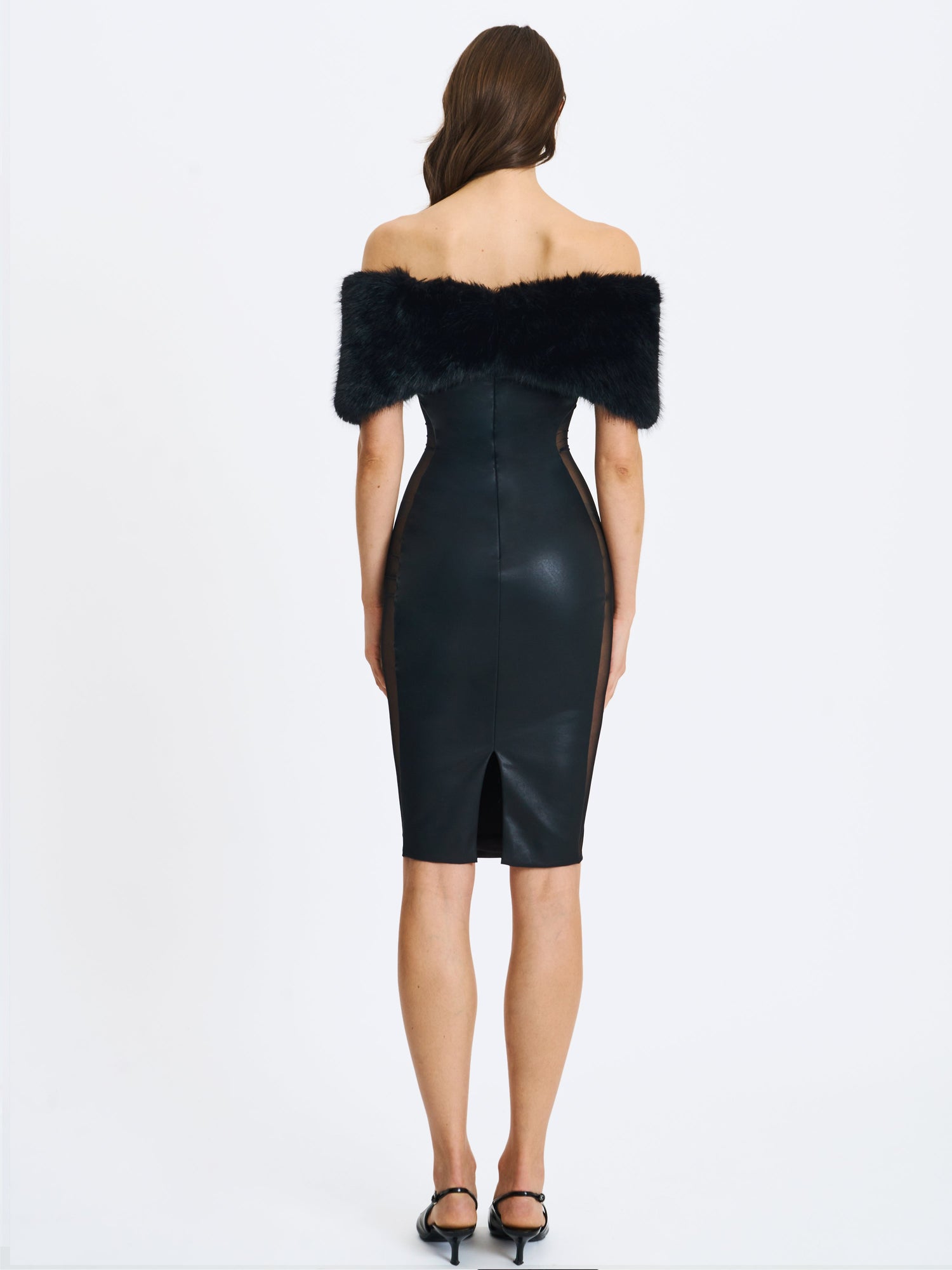 Bellis Fur Trim Mesh Panel Off-Shoulder Midi Dress | Black