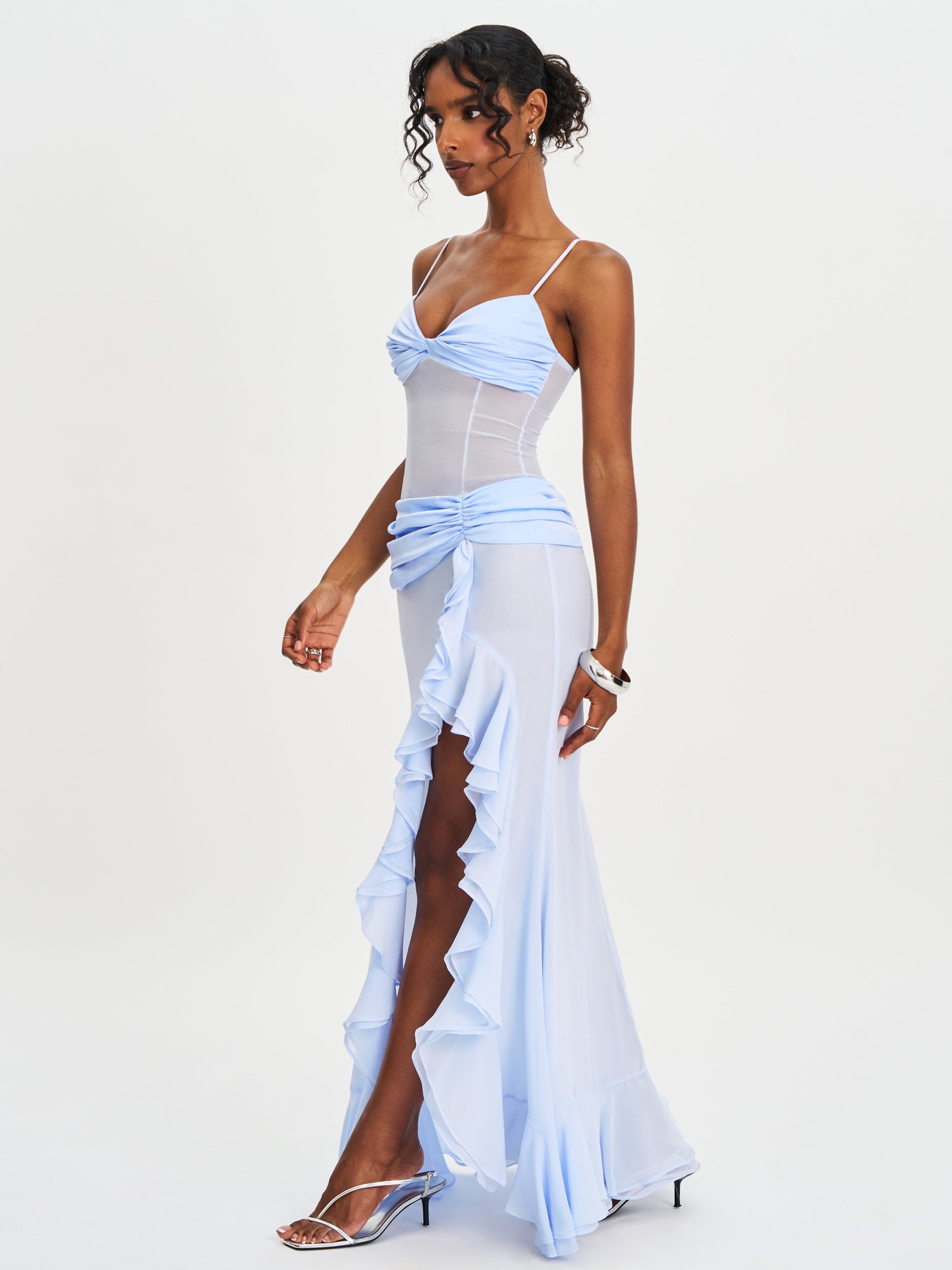 Lacy Ruched Breast High Slit Chiffon Dress | Blue
