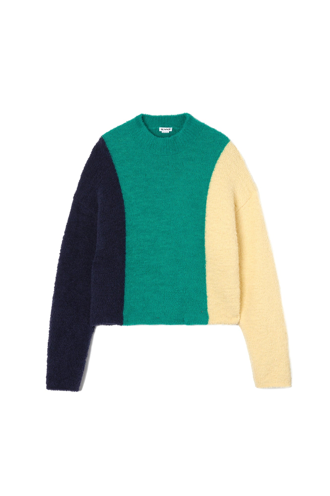 Etra-Long Sleeve Fluffy Sweater | Men | Green x Blue x Cream