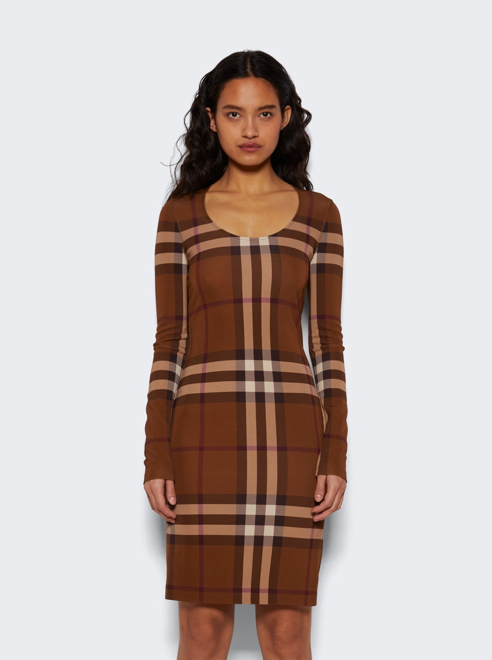 Women | BURBERRY | Check Stretch Long Sleeve Dress | Dark Birch Brown