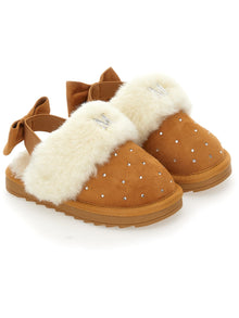Girls | Rhinestone Suede Sliders | Beige