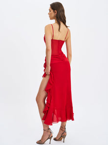 Dahlina Ruched Waist High Slit Midi Dress | Red
