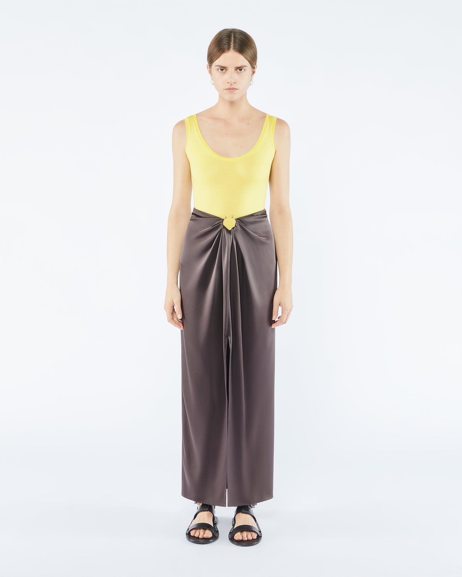 Womens | Emiko Slip Satin Sarong-Style Midi Skirt | Yellow