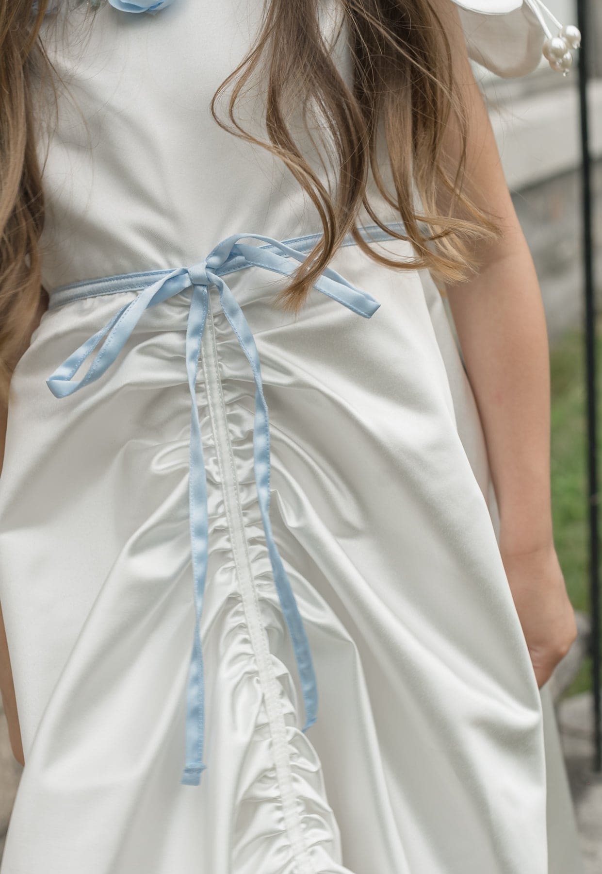 Daphne White Satin Dress with Blue Embroidery | Blue