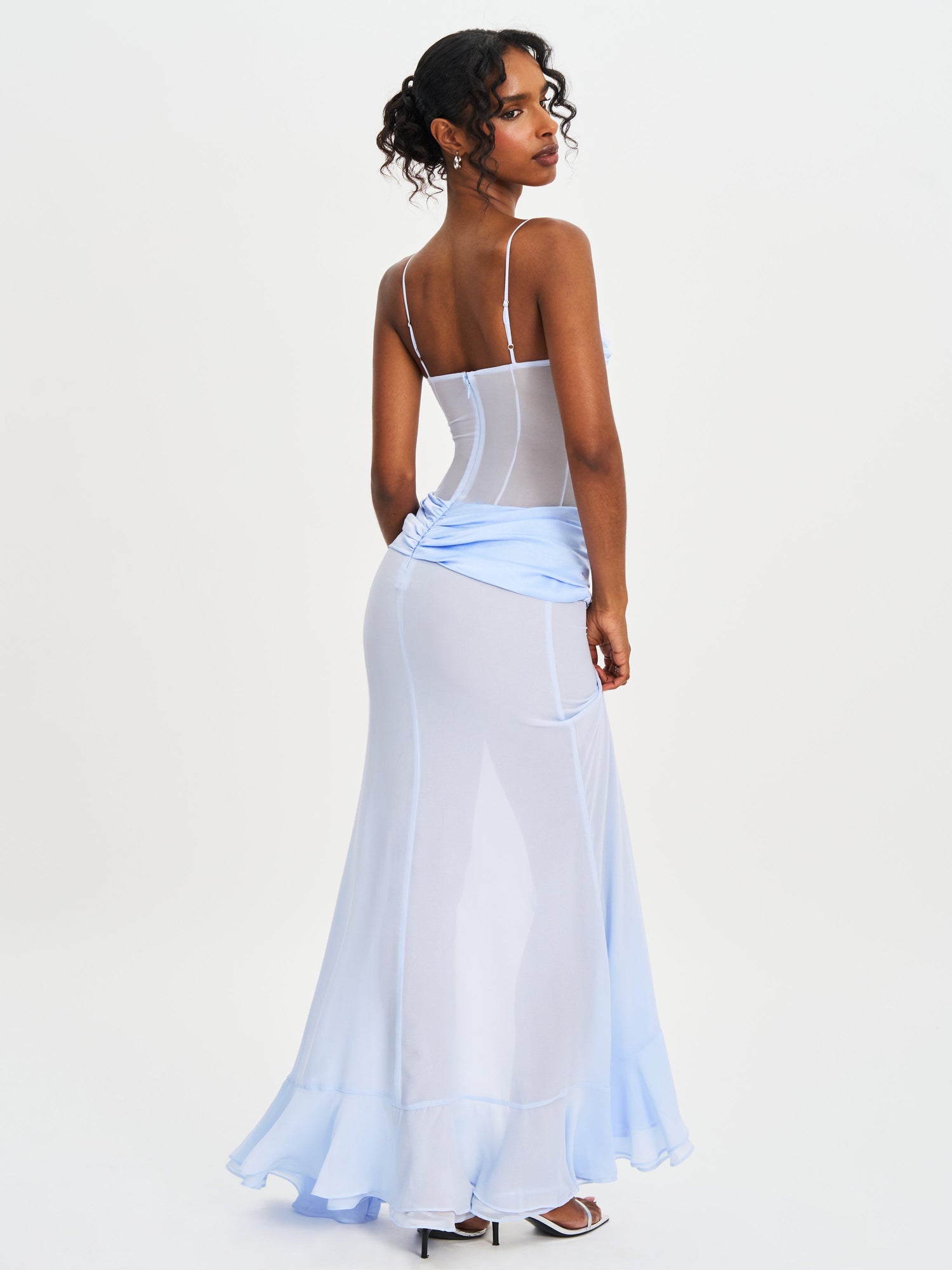 Lacy Ruched Breast High Slit Chiffon Dress | Blue