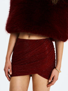 Darleen Rhinestone Mesh Low Waist Ruched Skirt | Crimson