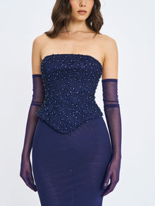 Orabelle Beaded Peplum Mermaid Maxi Gown with Lace-up Back | Navy