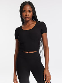 Bandier | Rib Crop Short Sleeve Top | Black Rib