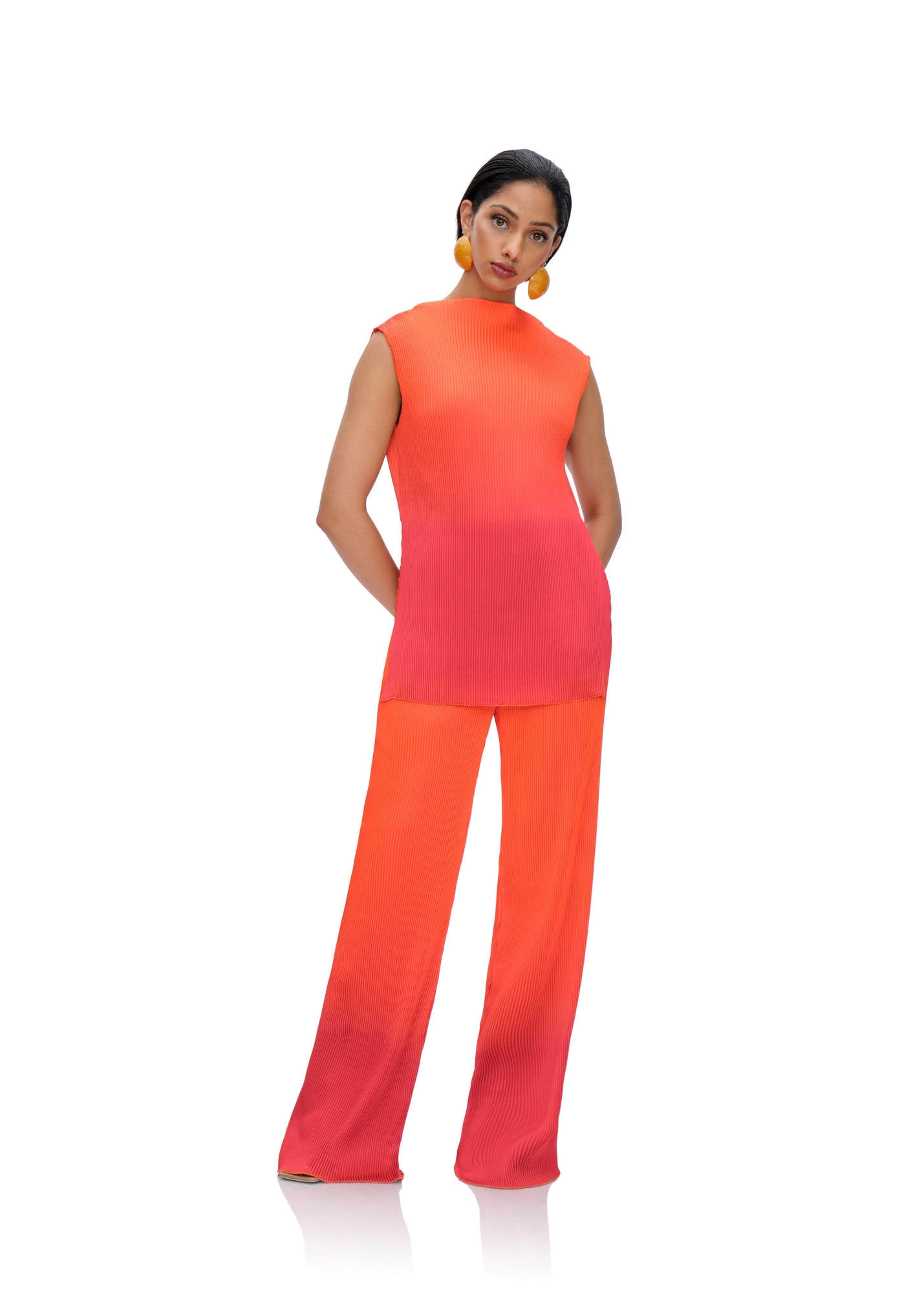 Atti Pleated Top | Red-Orange Ombre Effect