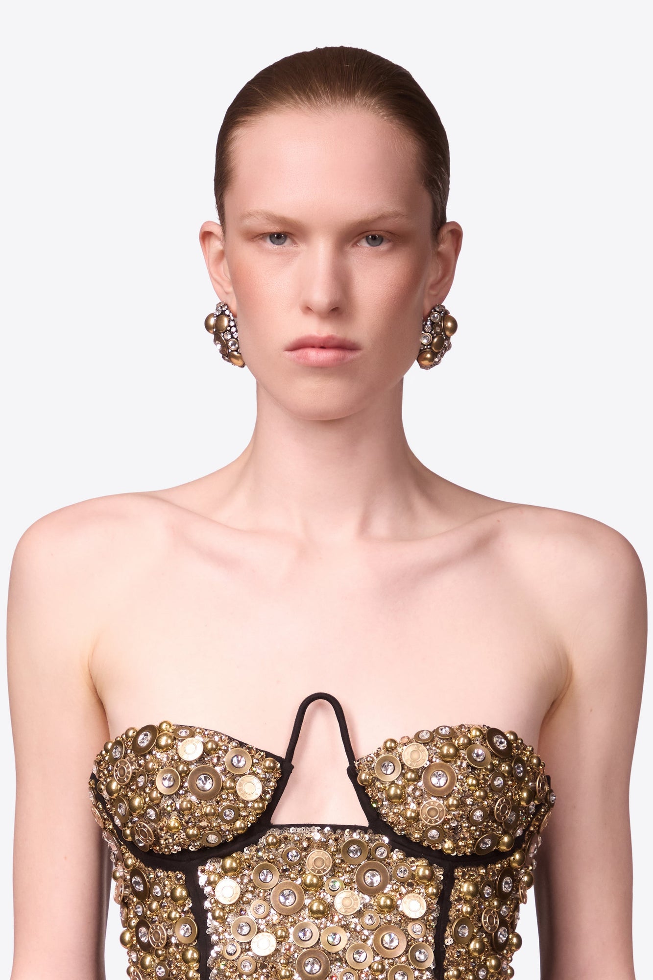 Clear Crystal Glass | Button Cluster Earrings | Antique Gold