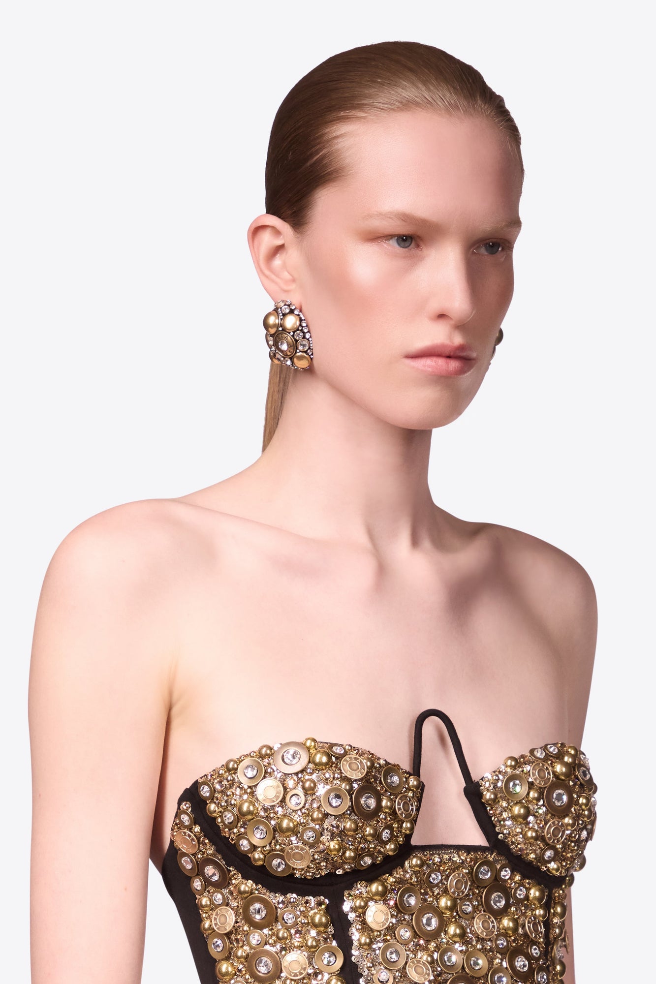 Clear Crystal Glass | Button Cluster Earrings | Antique Gold